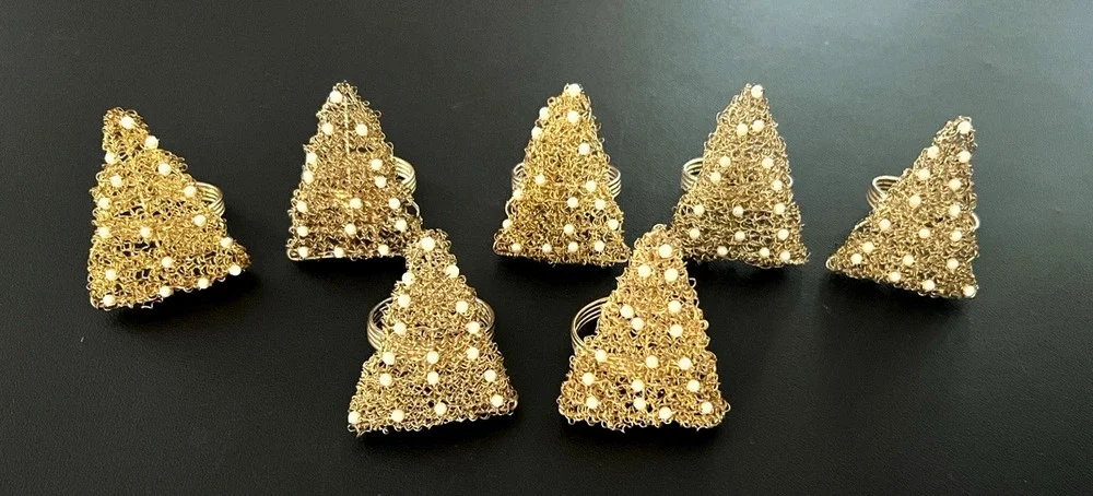 Kemp & Beatley Gold Woven Christmas Tree Napkin Rings w/ Faux Pearls Lot Of 6